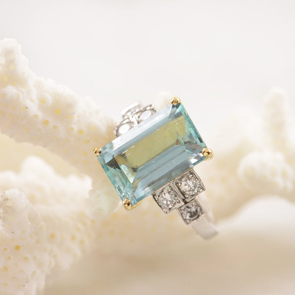18ct White and Yellow Gold Baguette Cut Aquamarine and Diamond Ring