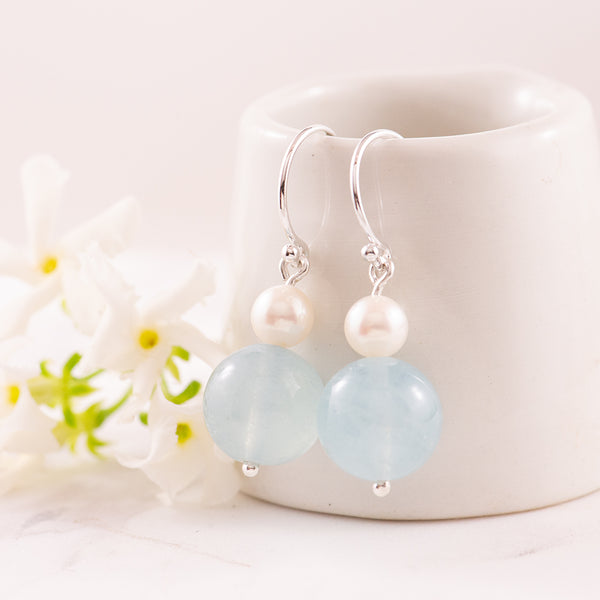 Sterling Silver Aquamarine and Cultured Freshwater Pearl Hook Earrings
