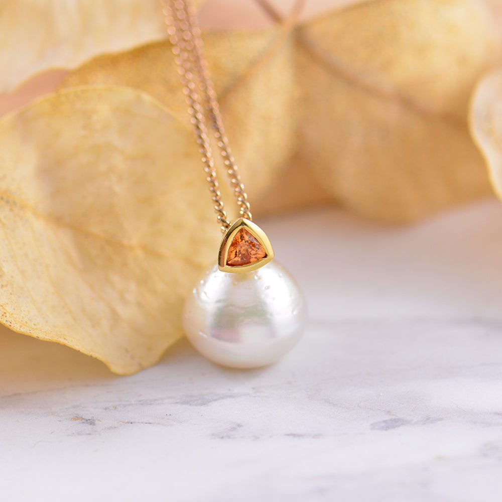 Yellow Gold South Sea Pearl and Spessartite Garnet Pendant