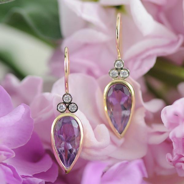 Amesthyst and Diamond Earrings in Yellow and White Gold