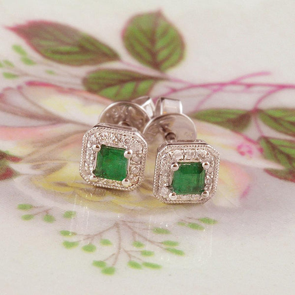 Emerald and Diamond Stud Earrings in 9ct White Gold