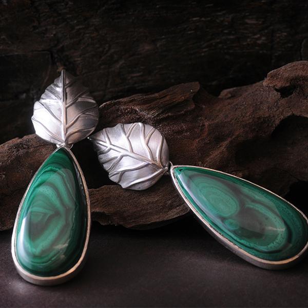 Malachite and Silver Leaf Earrings