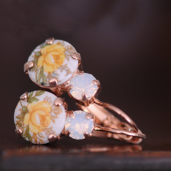 Yellow Ceramic Floral Design Rose Gold Plated Earrings