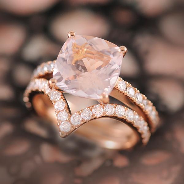 Morganite and Diamond Engagement Ring and Wedding Band in Rose