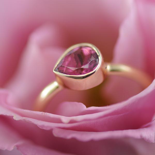 Pink Tourmaline Pear Bezel Ring in 9ct Yellow Gold