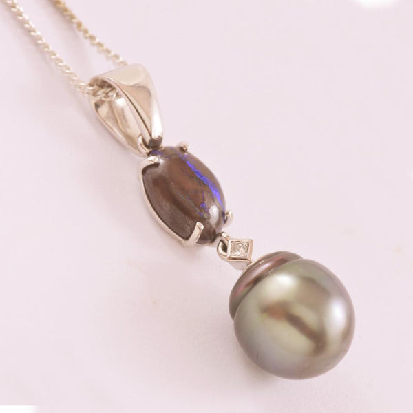 18ct White Gold A- Boulder Opal and Tahitian Pearl