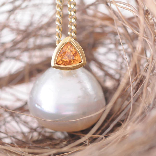 Yellow Gold South Sea Pearl and Spessartite Garnet Pendant