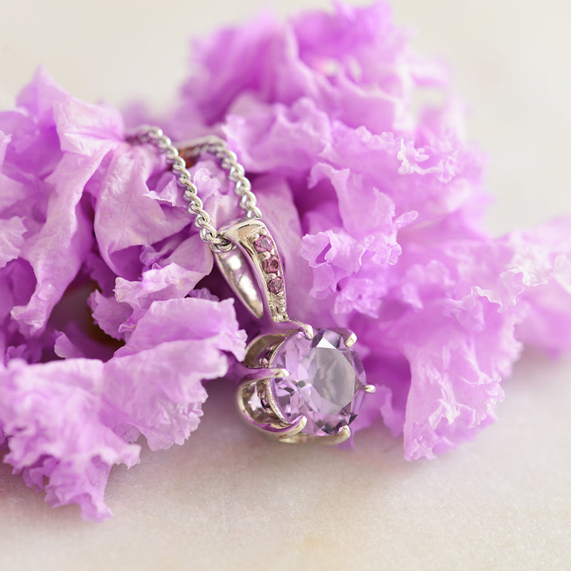 Sterling Silver and Rhodium Plated Round Pendant with Amethyst