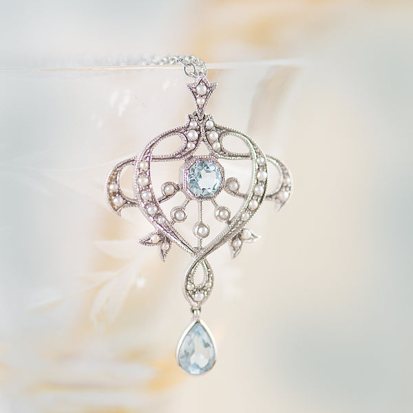 9K white gold Topaz and Freshwater pearl art deco style pendant