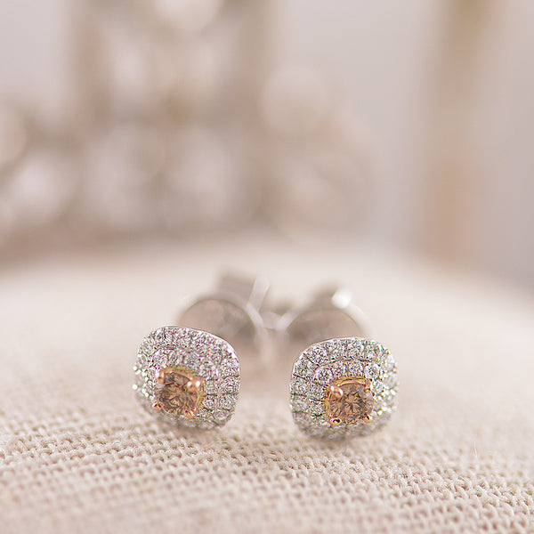 Australian Argyle Chocolate and White Diamond Halo Stud Earrings