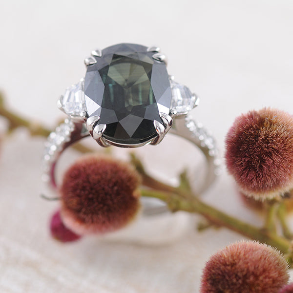 Australian Sapphire Green Oval and Diamond Platinum