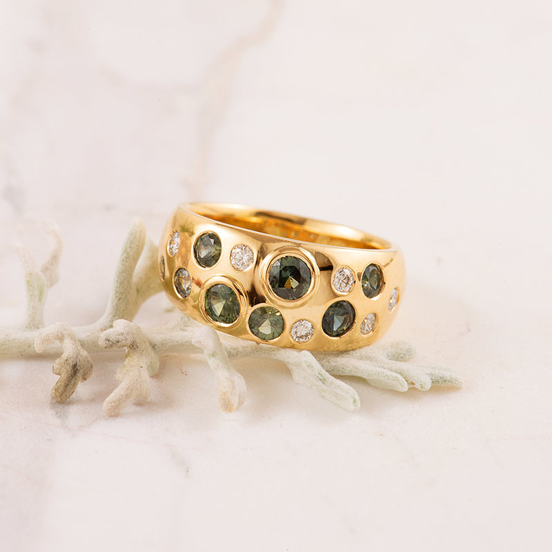 Starry Night Ring 18K with teal Australian Sapphires and Diamonds