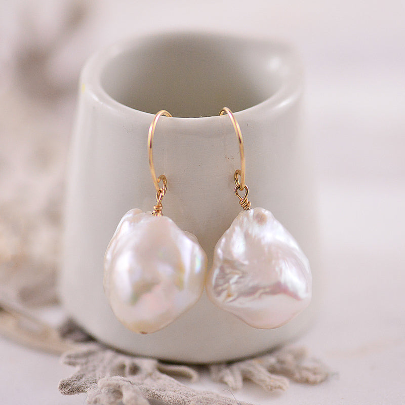 9ct Yellow Gold White Baroque Freshwater Pearl Hook Drop Earrings