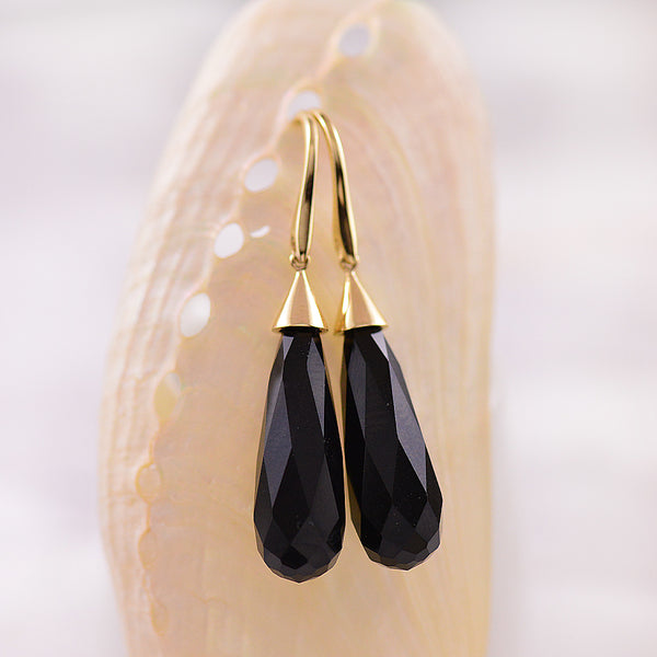 9ct Yellow Gold Onyx Briolette Hook Drop Earrings