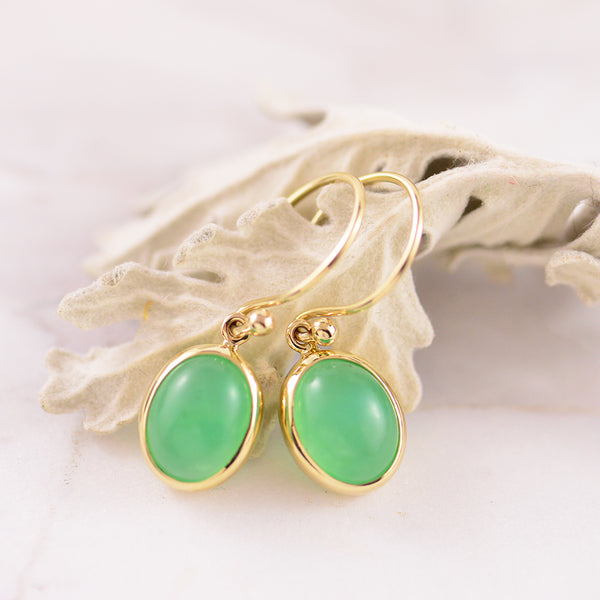 9ct Bezel Set Oval Cabochon Chrysoprase Yellow Gold Hook Drop Earrings