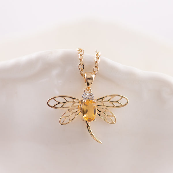 9ct Yellow Gold Citrine and diamond dragonfly pendant