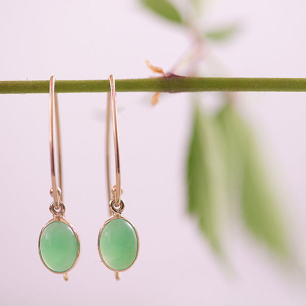 9ct Bezel Set Oval Cabochon Chrysoprase Yellow Gold Hook Drop Earrings