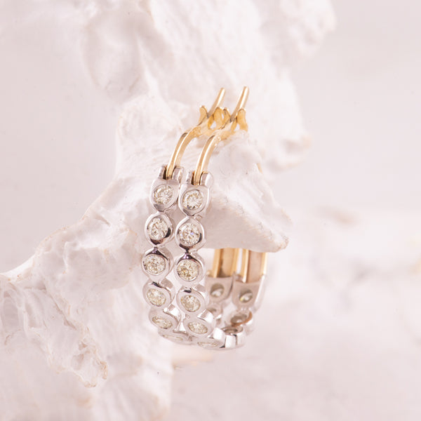9K Yellow and White Gold Hoop earrings with Bezel set Diamonds