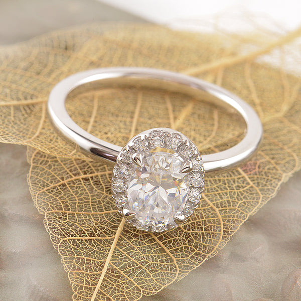 Custom Made 18ct Gold Oval Halo Diamond Plain Band Engagement Ring