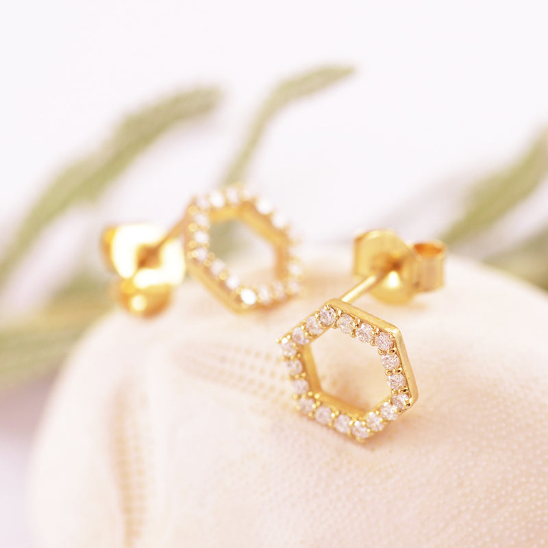 9ct Yellow Gold Diamond Hexagon Stud Earrings