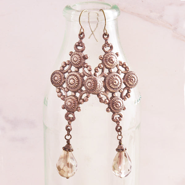 Silver Tone Moroccan Style With Smokey Crystal Drop Earrings