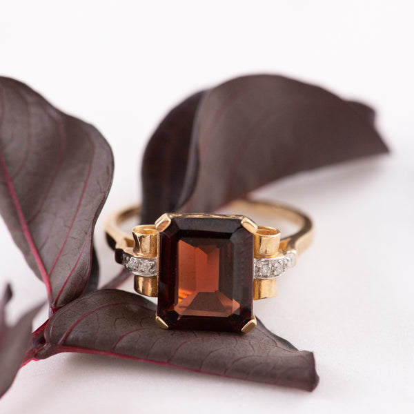 9ct Yellow Gold Emerald Cut Garnet and Diamond Ring