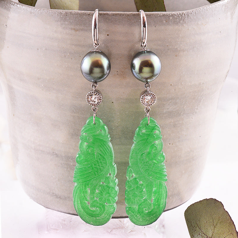 Carved Agate, Diamond, Tahitian Pearl 18K White Gold Earrings