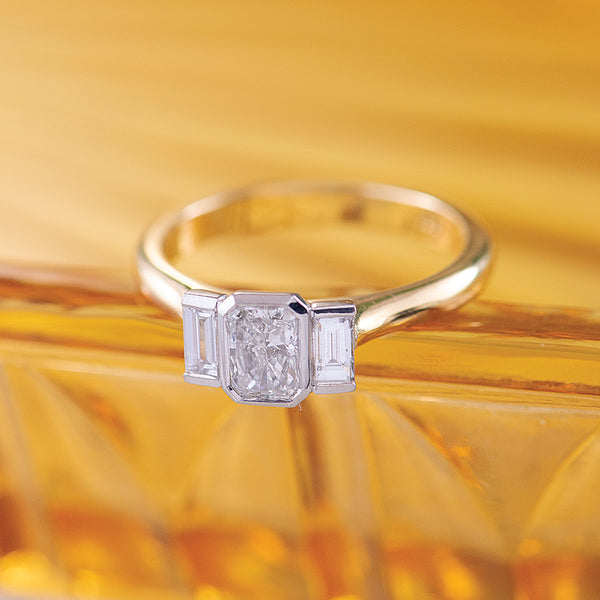 18ct Yellow & White Gold Handmade Radiant and Baguette Cut Diamond Engagement Ring