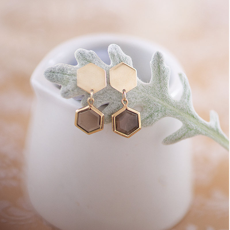 Hexagon Smokey Quartz Stud Earrings