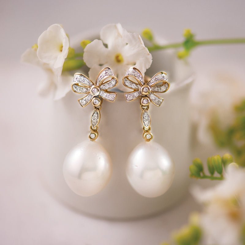 9K Yellow Gold South Sea Pearl and Diamond Bow Style Stud Earrings