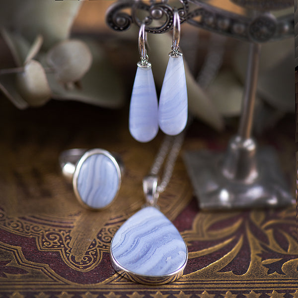 9ct White Gold Drop Blue Lace Agate Earrings