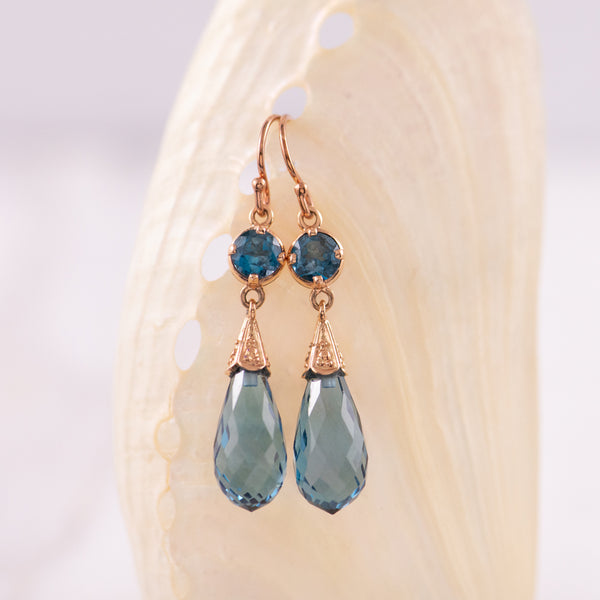 9ct Rose Gold Briolette and Round London Blue Topaz Drop Earrings