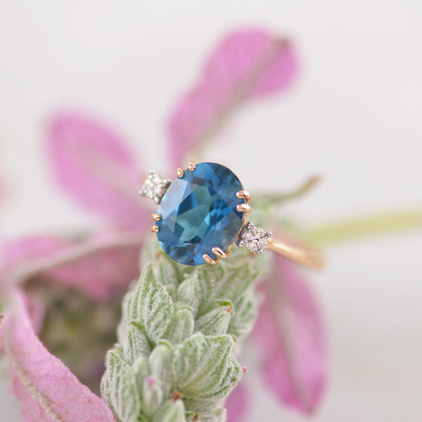 14ct Rose Gold Claw Set London Blue Topaz and Diamond Ring