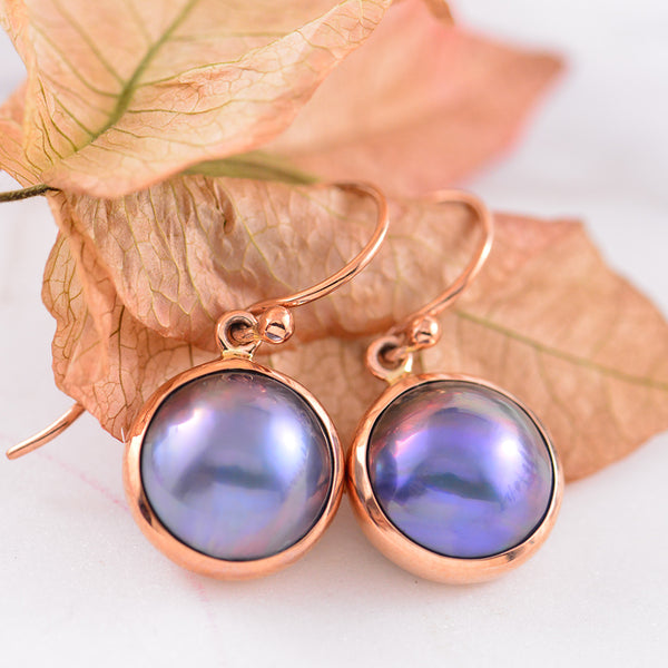 9ct Rose Gold Round Tahitian Mabe Pearl Bezel Set Drop Earrings