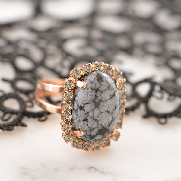 Grey Marbled Rose Gold Plated and Crystal Ring