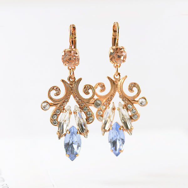 Rose Gold Look Blue and White Marquise Crystal Drop Earrings