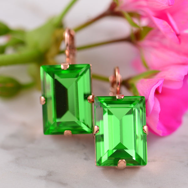 Large Rectangle Emerald Green Crystals Hook Earrings
