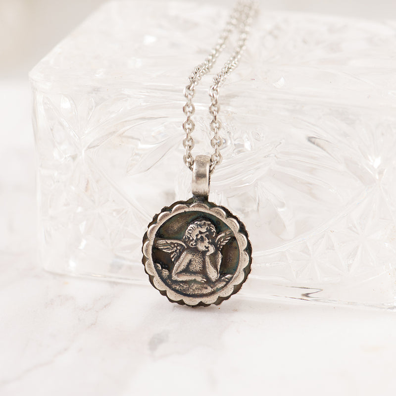 Guardian Angel Pearl and Silver Plate Necklace
