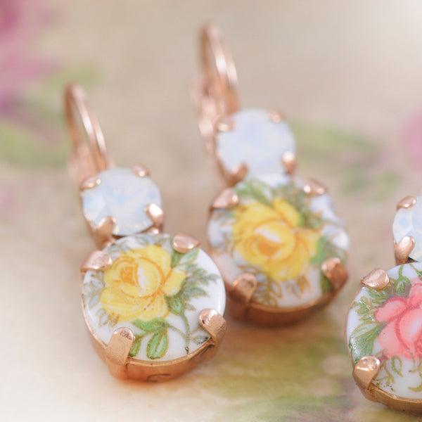 Yellow Ceramic Floral Design Rose Gold Plated Earrings