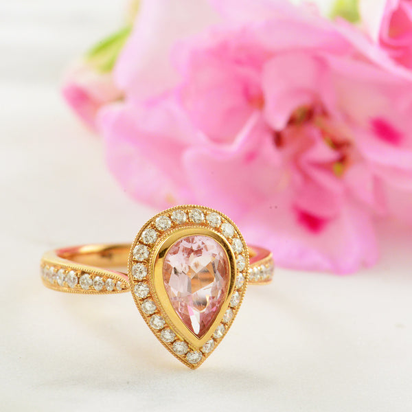 18ct Rose Gold Pear shaped Morganite and Diamond Halo Ring