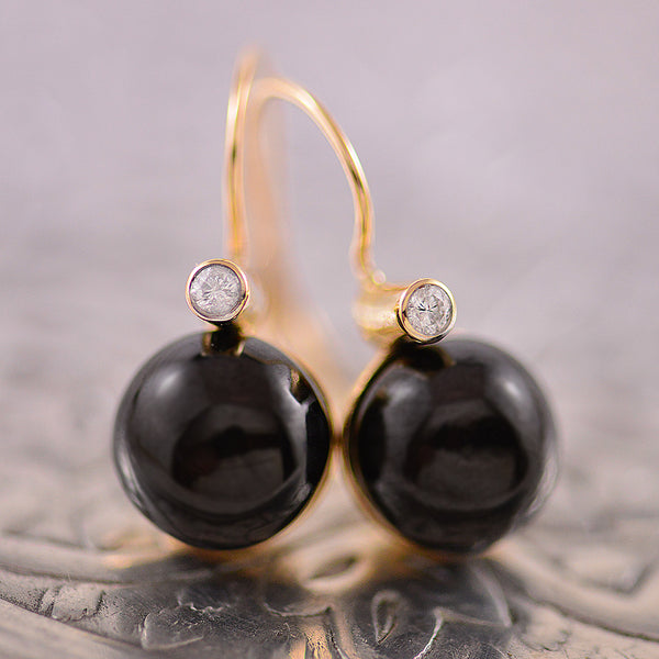 9ct Yellow Gold Onyx and Diamond Drop Earrings