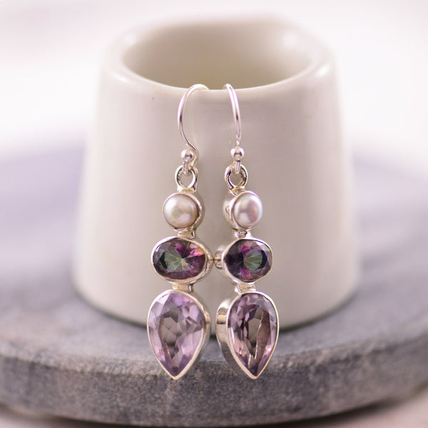 Mystic quarts, amethyst and Fresh Water Pearl silver drop earrings