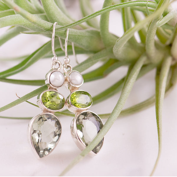 Sterling Silver Green Amethyst, Pearl and Peridot Drop Earrings