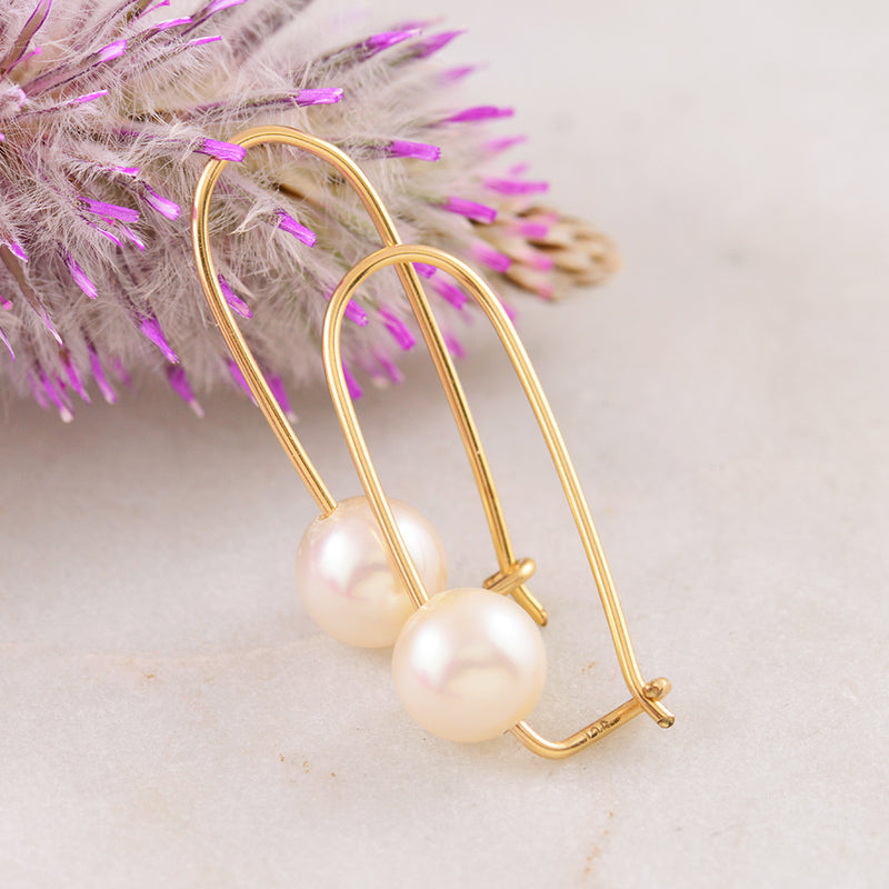 9ct Yellow Gold 8mm Round Freshwater Pearl Hook Drop Earrings