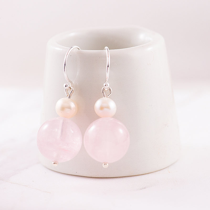 Sterling Silver Rose Quartz and Cultured Freshwater Pearl Hook Drop Earrings