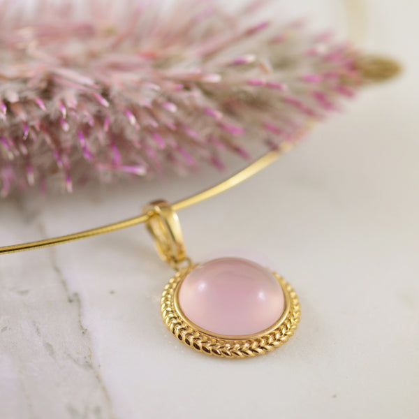 Rose Quartz, Rope Halo Yellow Gold enhancer pendant
