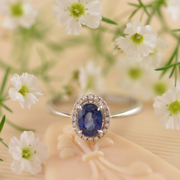 Sapphire and Diamond Halo 18K White Gold Ring