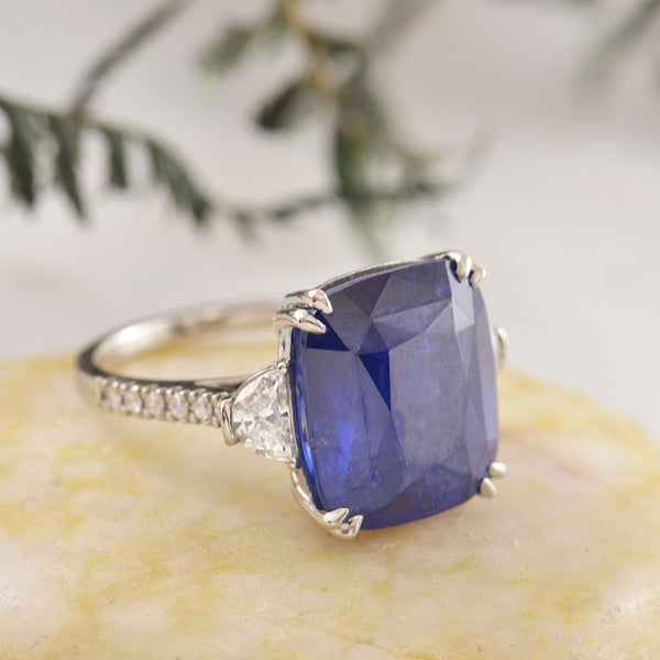 Platinum Cushion Cut Ceylon Sapphire and Diamond Ring