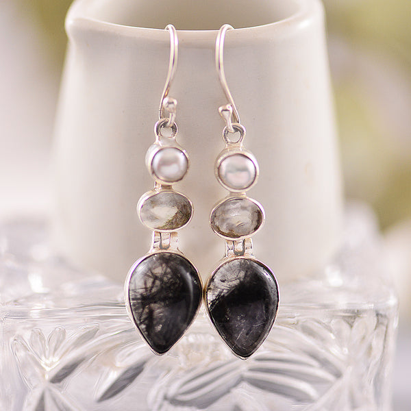 Pearl, Quartz and Tourmalated Quartz Silver drop earring.