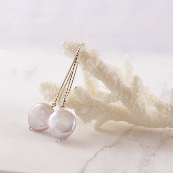 Sterling Silver Grey Coin Pearl Hook Earrings